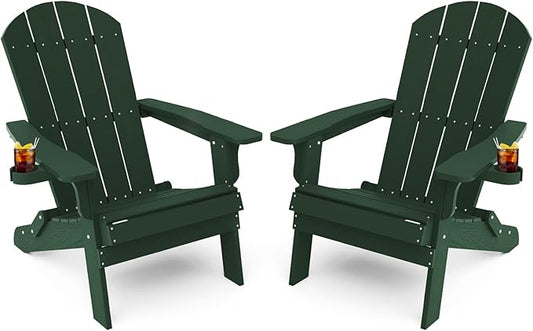 YEFU Adirondack Chair Set of 2, Folding Oversized Plastic Adirondack Chair with Cup Holder, Lawn Chair with Weather Resistant for Outdoor Deck Garden, Weight Capacity Up to 400 Lbs–Green