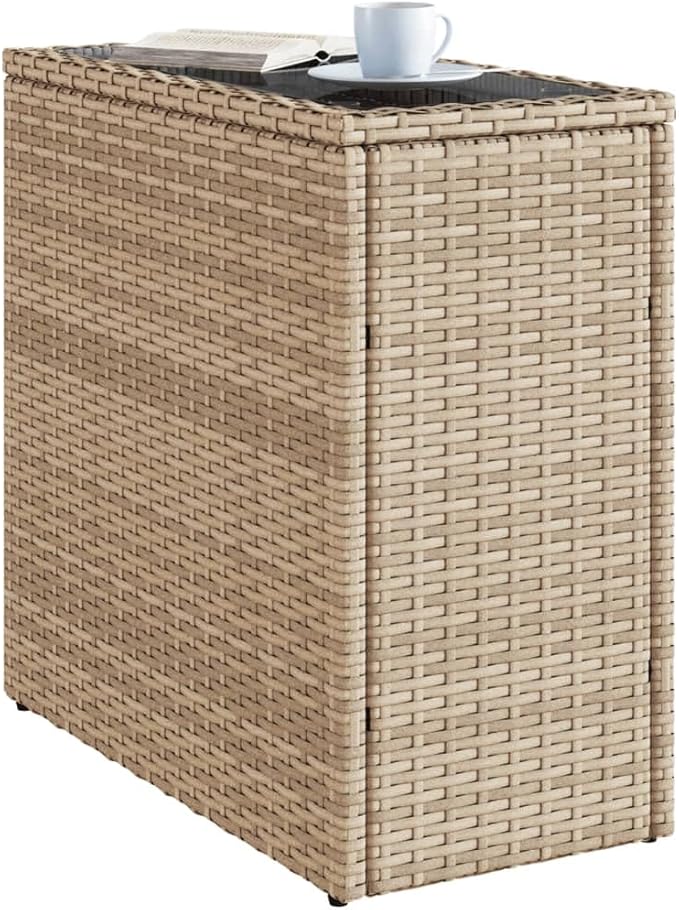 Garden Side Table Beige Black, Rectangular Tempered Glass Top Outdoor Table for Patio Balcony - Photo 4