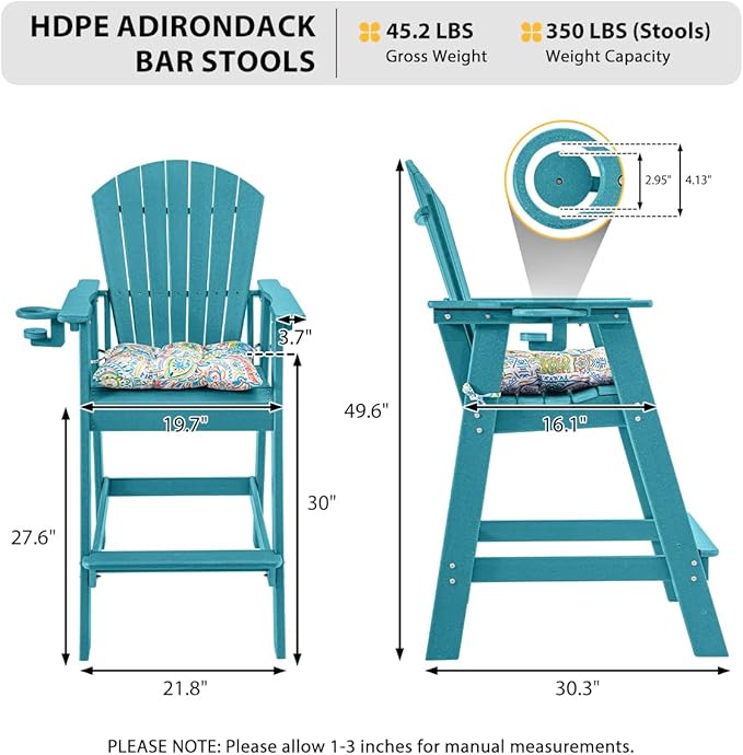 Sundale Outdoor Adirondack Bar Stool, Patio HDPE Bar Chair with Backrest, 30 Inch Seat Height Tall Bistro Dining Counter Stool with Cushion, All-Weather Pub Height Chair