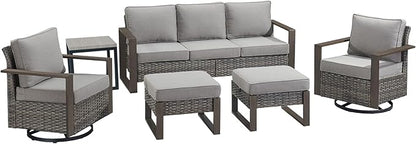 Rilyson Outdoor Wicker Patio Furniture Set - 6 Pieces Patio Conversation Set with 2 Wicker Swivel Rocker Chairs,2 Rattan Ottoman,1 Side Table and 1 Couch,Thick Cushions,Deep Seating(Mixed Grey/Grey)