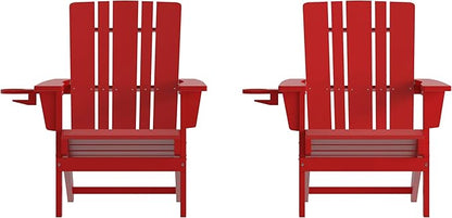 Flash Furniture Halifax Adirondack Chairs with Cup Holders, Weather Resistant Poly Resin Adirondack Chairs, Set of 2, Red