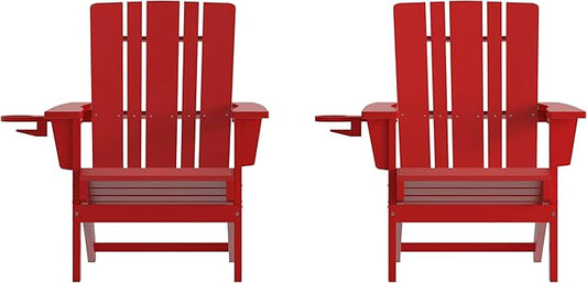 Flash Furniture Halifax Adirondack Chairs with Cup Holders, Weather Resistant Poly Resin Adirondack Chairs, Set of 2, Red