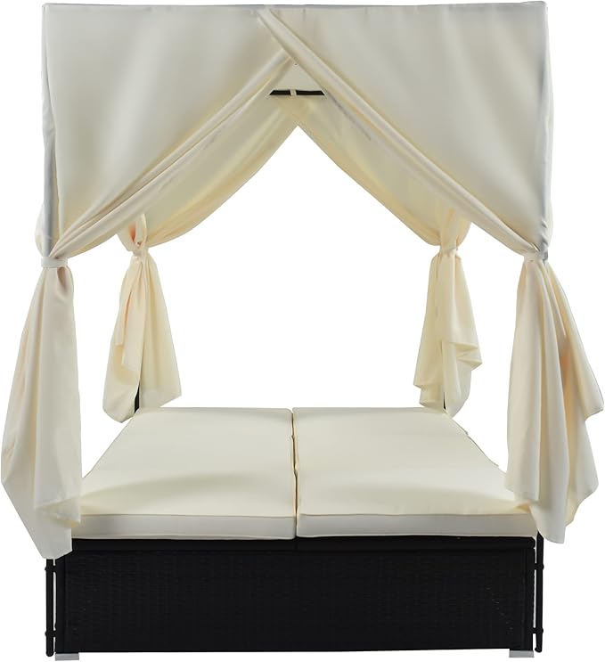 SOFTSEA Outdoor Rattan Daybed with Cushions and Adjustable Seats, Wicker Outdoor Sunbed for Yard Garden, Beige - Photo 4