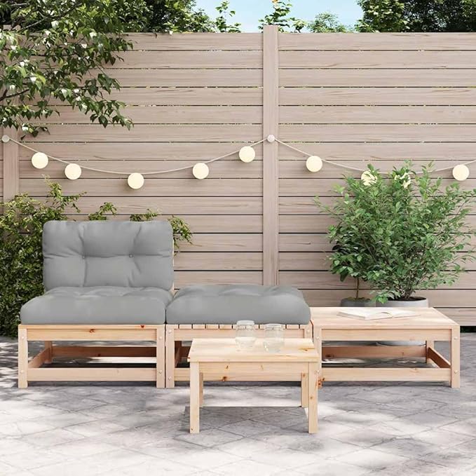 Rustic Outdoor Armless Sofa with Solid Pine Wood and Gray Oxford Fabric Cushions, Weather-Resistant Modular Patio Furniture for Terrace and Garden Seating