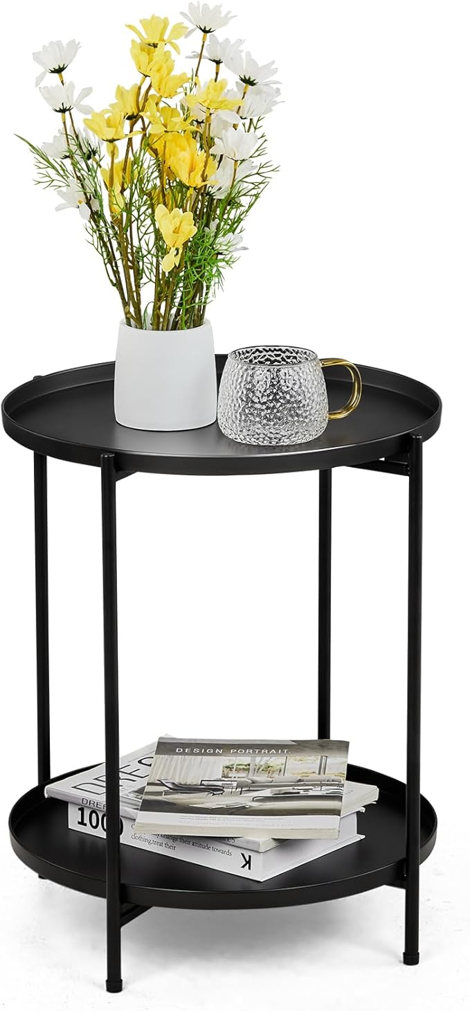 Outvita 2 Tier End Table, Metal Side Table with Removable Tray Indoor and Outdoor,Small Waterproof Accent Table for Bedroom Balcony Patio Living Room and Office (Black)
