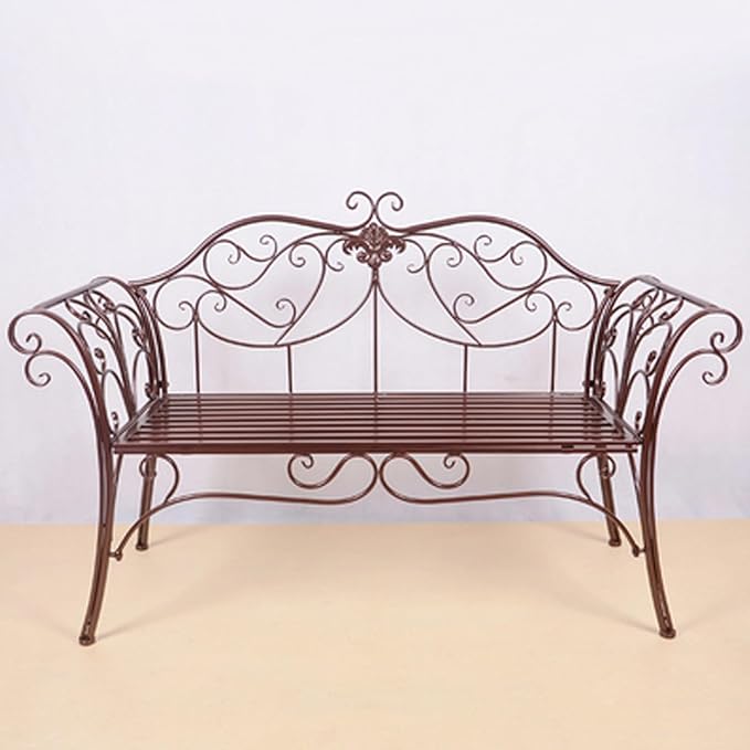 Outdoor Metal Garden Bench, Patio Seating with Backrest & Armrests, 2-3 Person Capacity, Durable Furniture for Balcony, Porch, Courtyard & Park (Brown)