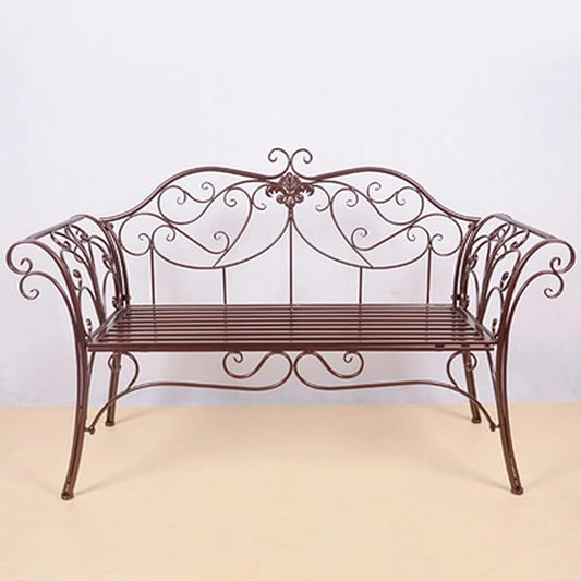 Outdoor Metal Garden Bench, Patio Seating with Backrest & Armrests, 2-3 Person Capacity, Durable Furniture for Balcony, Porch, Courtyard & Park (Brown)