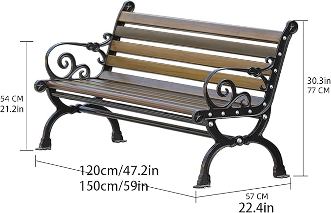 Outdoor Bench, 2-Seater Garden Bench, Metal Bench with Backrest and Armrests, Park Patio Bench with Slatted Wood Seat, for Gardens, Courtyards, Corridor Entrances, Patios(Black,120cm/47.2in)