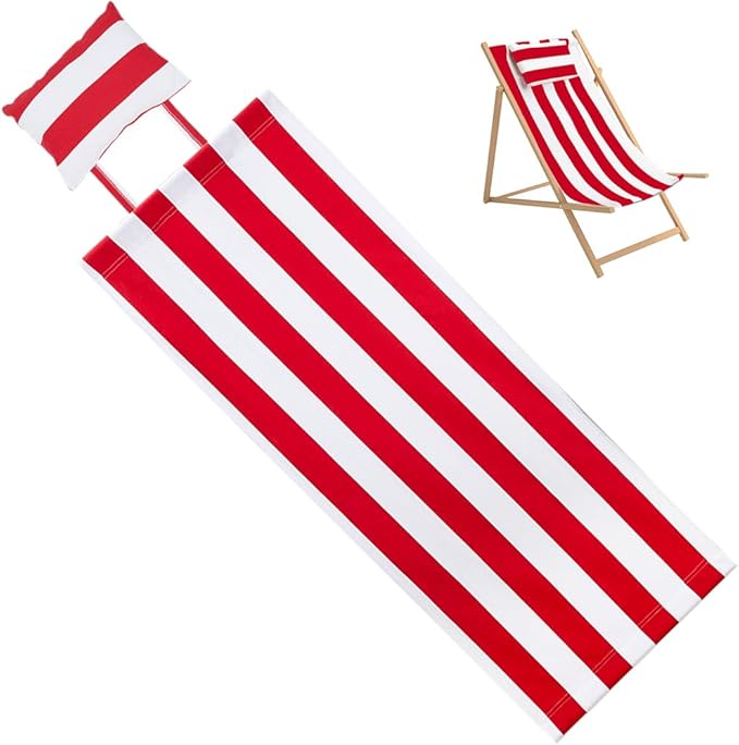 GORGECRAFT Replacement Beach Sling Chair Cloth with Pillow Folding Lounge Deck Chair Cloth 44x17 Inch Red White Stripes Sling Chairs Canvas for Patio Outdoor Sunbathing Garden Courtyard