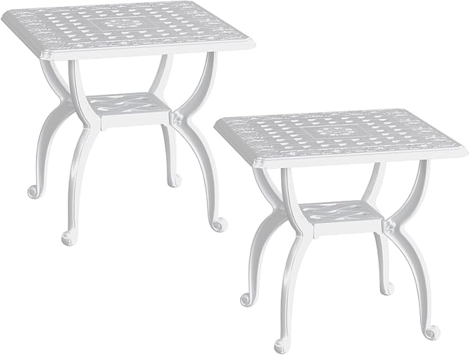Square Outdoor Coffee Table Set of 2, Cast Aluminum Side Table with Storage,Indoor End Table, All-Weather Bistro Table for Patio Garden Lawn, White