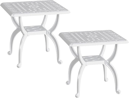 Square Outdoor Coffee Table Set of 2, Cast Aluminum Side Table with Storage,Indoor End Table, All-Weather Bistro Table for Patio Garden Lawn, White