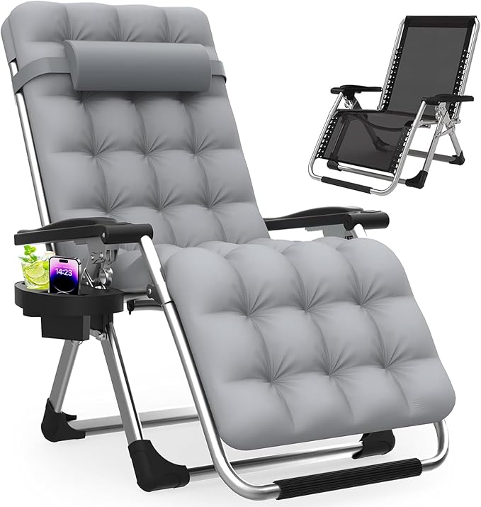 Slendor Zero Gravity Chair, Zero Gravity Lounge Chair with Upgraded Lock and Removable Cushion, Reclining Camping Chair with Cup Holder, Headrest for Indoor Outdoor, Gray