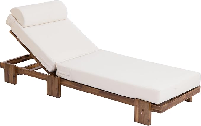 Merax 78.8'' Outdoor Patio Chaise Lounge Chair, Acacia Wood Adjustable Recliner with Headrest and Retractable Side Tray - Photo 7