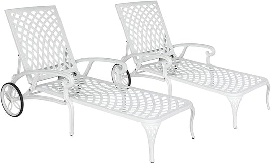 Outvita Outdoor Chaise Lounge Chairs Set of 2, Pool Cast Aluminum Recliner with 3-Position Adjustable Back, Armrest and Wheels for Backyard Porch Patio Balcony Deck