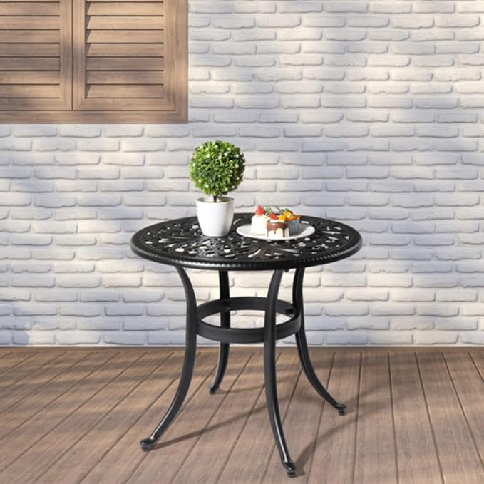 Patio Cast Aluminum Side Table with Umbrella Hole, Outdoor End Table Small Round Coffee Table for Backyard, Garden, Porch, Balcony, Pool Side, Indoor, Black