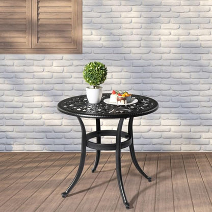 Patio Cast Aluminum Side Table with Umbrella Hole, Outdoor End Table Small Round Coffee Table for Backyard, Garden, Porch, Balcony, Pool Side, Indoor, Black