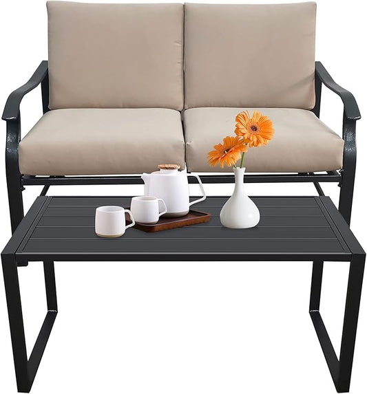 Homvent Outdoor Patio Furniture Love Seat And Coffee Table Set, Outdoor Bench Patio Loveseat Bench with Cushion and Metal Frame, Loveseat Furniture Set Sofa for Garden, Yard, Patio or Poolside (Beige)