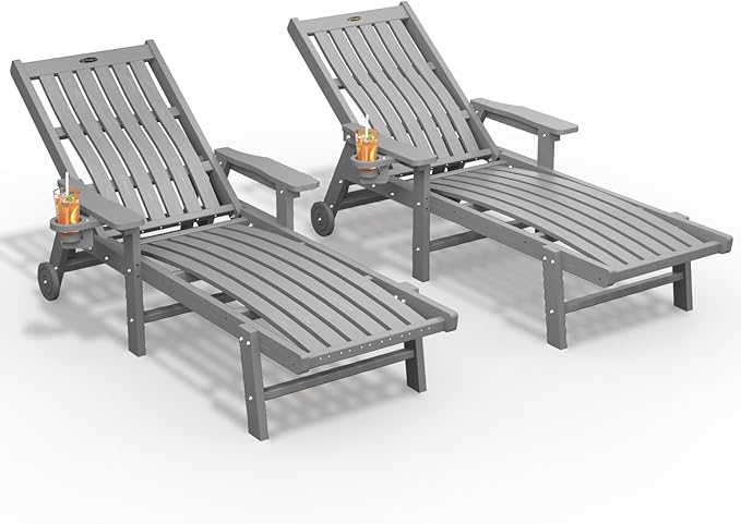 THOEOE Patio Chaise Lounge Chair Set of 2, Oversized Lounge Chair Outdoor with 5 Positions, HDPE, Patio Lounge Chair with Wheels & Cup Holder for Pool, Deck, Poolside,Grey