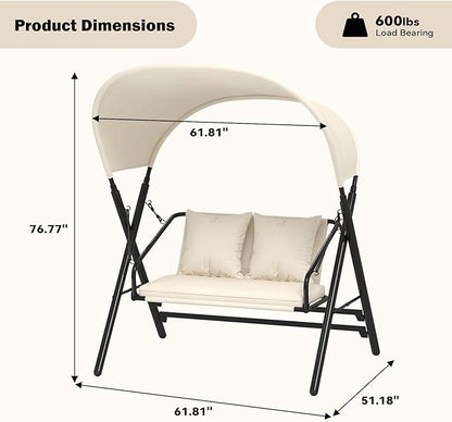 AECOJOY 2 Seat Outdoor Patio Swing Chair with Cover, Porch Swings Chairs for Adult, Outside Metal Steel Frame Patio Swing Bench, Beige
