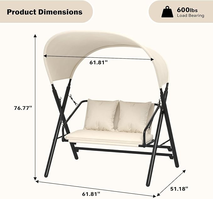 AECOJOY Outdoor Porch Swings for Adults 600LBS 2 Seat Patio Swings with Canopy Stand Thick Cushion Pillows Metal Steel - Photo 6