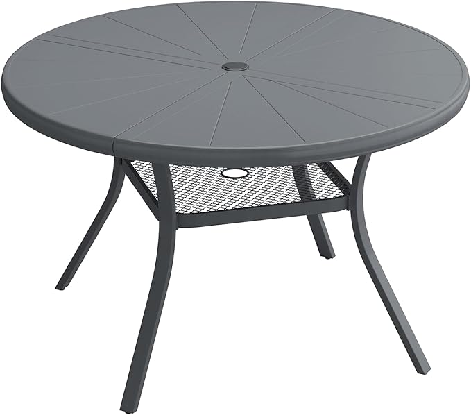 Outdoor Patio Round Dining Table for 4, 40.7" x 40.7" Sleek Aluminum Dining Table with Umbrella Hole for Backyard Garden Lawn Deck, Dark Grey