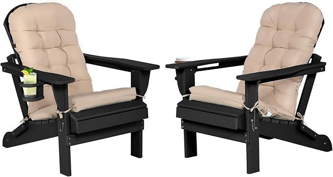 Adirondack Chair Set of 2 with Cushion & Cup Holder, HDPE Folding Adirondack Chairs with Wood-Like Grain Outdoor Fire Pit Chairs for Patio/Porch/Swimming Pool/Camping (Black)