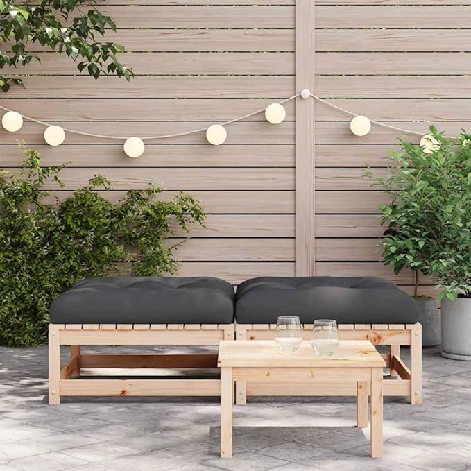 Solid Pine Wood Rustic Patio Footstool Set with Cushions, Gray Natural Wood Finish - Photo 3