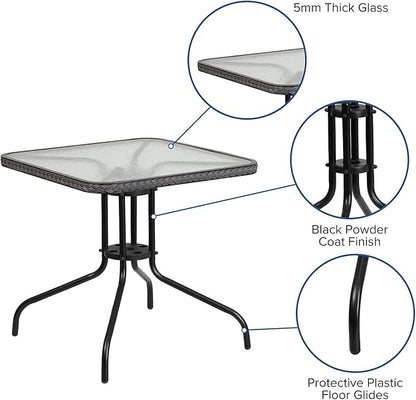 Flash Furniture Barker 28'' Square Tempered Glass Metal Table with Gray Rattan Edging