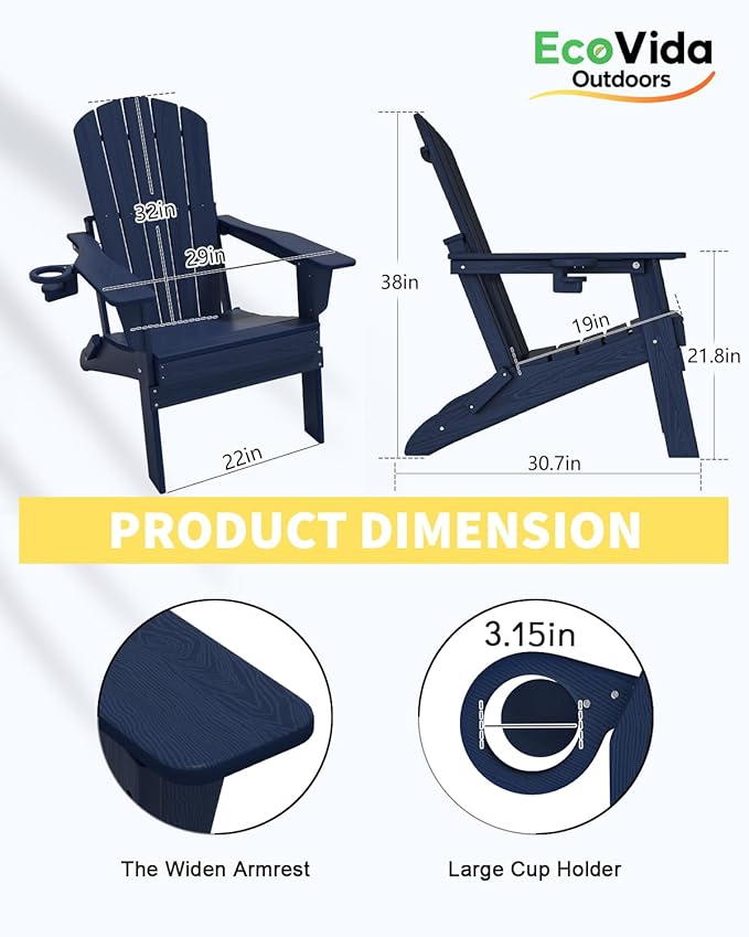 Folding Adirondack Chair Set 3-Piece - 38" Extra Tall Back & Embossed Wood Grain, Oversized HDPE Patio Furniture with Side Table & Cup Holders, 380lb Heavy Duty, Navy Blue