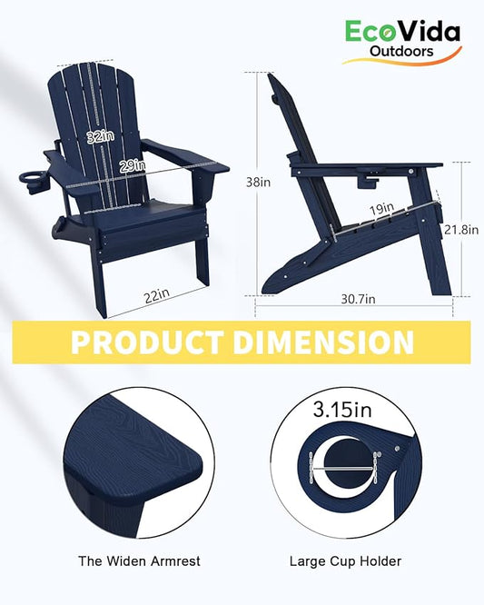 Folding Adirondack Chair Set 3-Piece - 38" Extra Tall Back & Embossed Wood Grain, Oversized HDPE Patio Furniture with Side Table & Cup Holders, 380lb Heavy Duty, Navy Blue