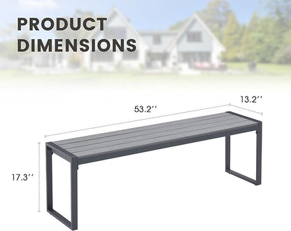 53" Outdoor Bench, 2 Pieces Patio Backless Garden Bench with Metal Frame & Faux Wood Seat for Porch, Entryway, Lawn, Backyard, Grey