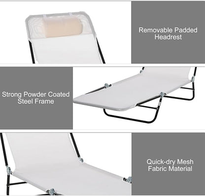 Outdoor Tanning Chair with Pillow, Folding Chaise Lounge Chair with Adjustable Backrest, Portable Lay Flat Beach Lounge Chairs for Sunbathing Poolside Patio Lawn Camping(Cream White)