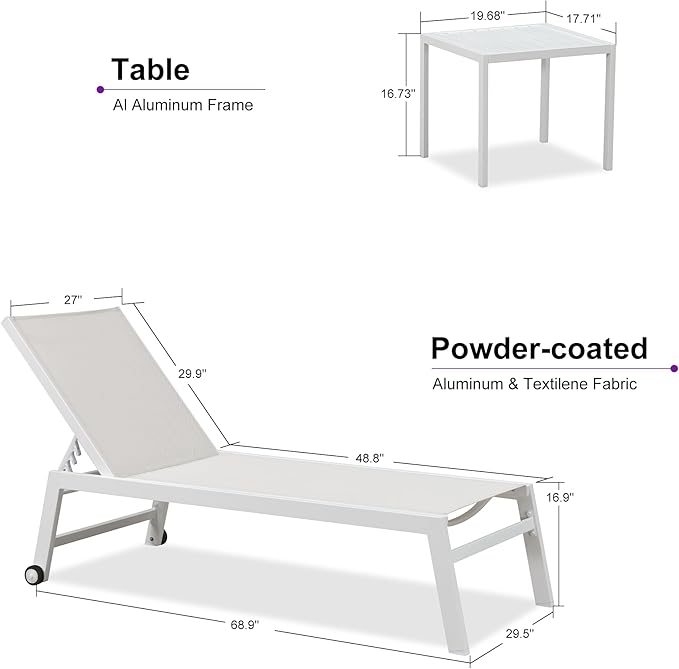 PURPLE LEAF Oversize Chaise Lounge Chair Outdoor 2 Pieces White Aluminum Lounge Chair with Wheels and Table for Pool Deck Patio, Linen
