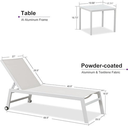PURPLE LEAF Oversize Chaise Lounge Chair Outdoor 2 Pieces White Aluminum Lounge Chair with Wheels and Table for Pool Deck Patio, Linen