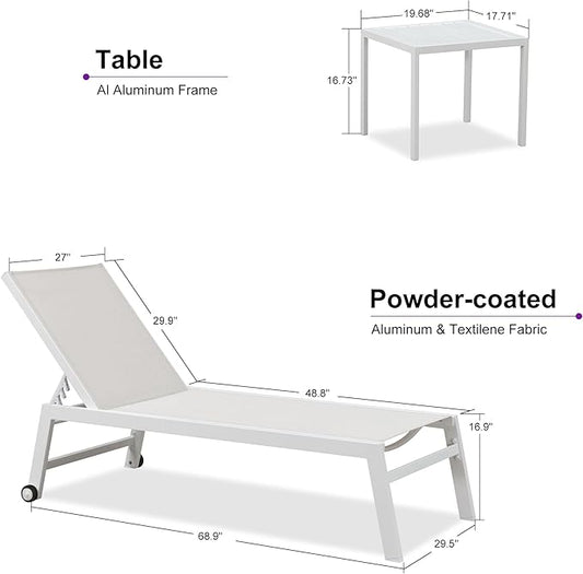 PURPLE LEAF Oversize Chaise Lounge Chair Outdoor 2 Pieces White Aluminum Lounge Chair with Wheels and Table for Pool Deck Patio, Linen