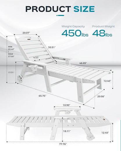 Outdoor Lounge Chair Set of 4, All Weather Patio Chaise Lounge Chairs for Outside, HDPE Chair with Rolling Wheels & Cup Holder, 5 Position, Deck, Pool, White