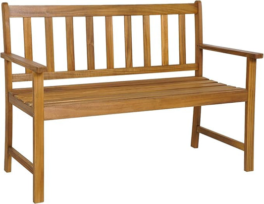HAPPYGRILL Patio Wood Bench with Ergonomic Backrest & Armrests, 2-Person Outdoor Bench, All-Weather Acacia Wood Frame, Loveseat Outside Bench for Garden Balcony Poolside Porch Deck
