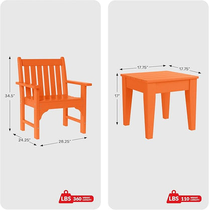 Costaelm Outdoor Patio Table and Chairs Set of 2, 2-Piece HDPE Garden Chair with Square Adirondack Side Table Set, Porch Chairs Coffee Table for Outside Porch Backyard, Orange