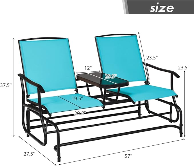 Giantex Patio Bench Glider Chair with Metal Frame, Center Tempered Glass Table - Photo 3