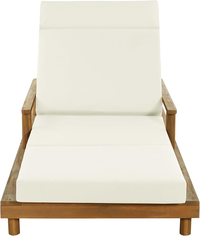 Merax Acacia Wood Outdoor Chaise Lounge Chair with Thick 4-Fold Cushion & Headrest, 3-Position Adjustable Backrest, Modern 76.8" L Large Patio Pool Sun Lounger for Garden Beach Yard, Beige+Teak