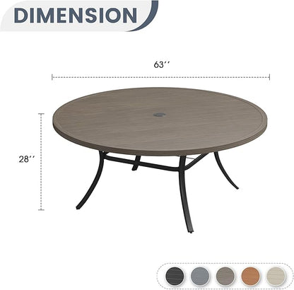 VICLLAX 63" Outdoor Patio Dining Table for 8-10, Metal Round Table with Umbrella Hole for Deck Lawn Garden Backyard, Grey