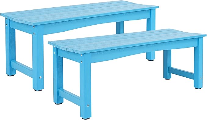 Weatherproof HIPS Outdoor Bench, 2-Person Patio Dining Bench, All-Weather Poly Lumber Garden Bench, Never Rot or Fade, Park Bench with Wood Grains for Porch, Deck, Entryway, Blue, 2 Pack