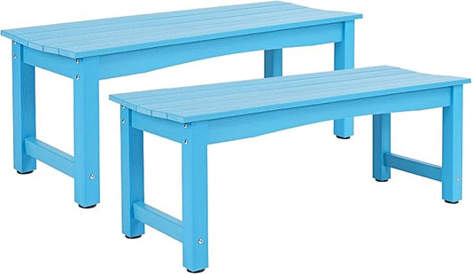 Weatherproof HIPS Outdoor Bench, 2-Person Patio Dining Bench, All-Weather Poly Lumber Garden Bench, Never Rot or Fade, Park Bench with Wood Grains for Porch, Deck, Entryway, Blue, 2 Pack