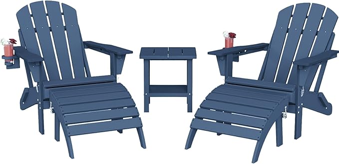 Adirondack Chair with Footrest and Table Set,Folding Chair with Retractable Ottoman,HDPE All Weather Fire Pit Chair with Cup Holder,5-Piece(Navy Blue, 2 Chair & 2 footrest & 1 Table)