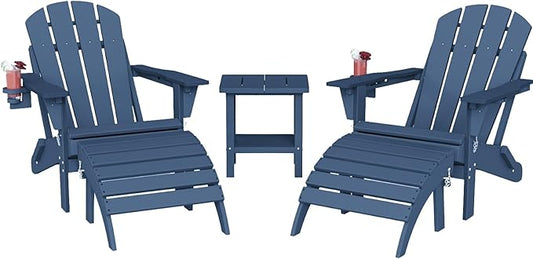 Adirondack Chair with Footrest and Table Set,Folding Chair with Retractable Ottoman,HDPE All Weather Fire Pit Chair with Cup Holder,5-Piece(Navy Blue, 2 Chair & 2 footrest & 1 Table)