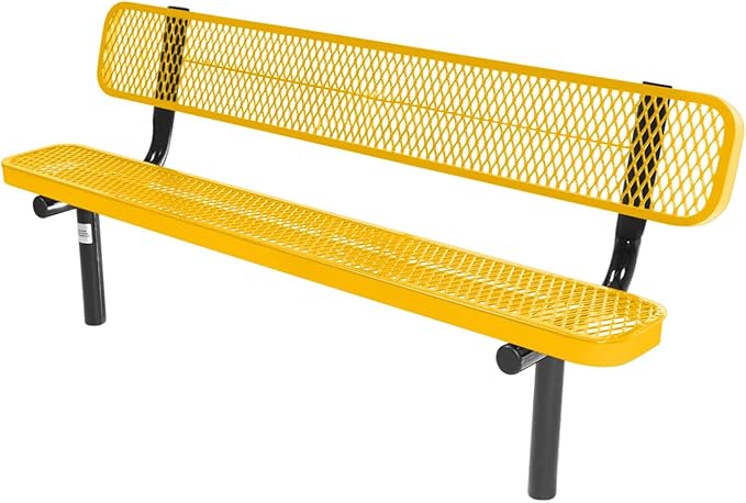 COATEDOUTDOORFURNITURE Heavy-Duty Outdoor Bench Thermoplastic Coated, Expanded Metal, Commercial-Grade Seating, Made in America (Inground with Back, 6 Ft, Textured Yellow)