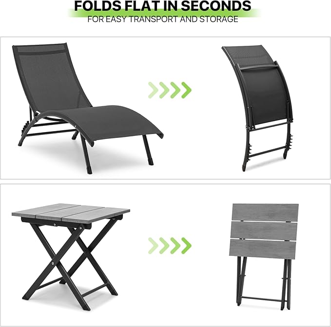 Magshion Outdoor Chaise Lounge Chair Set of 2 with Folding Side Table, Patio Pool Lounger Chairs with 6 Position, Tanning Recliner for Sunbathing, Beach, Deck, Lawn, Yard, Balcony, Poolside, Black