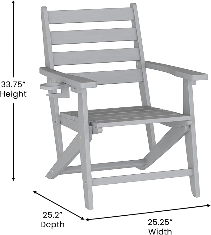 Flash Furniture Tolleson Adirondack Dining Chair with Cup Holder, Commercial Weather Resistant Recycled HDPE Adirondack Chair, Fold Out Cupholder, Gray