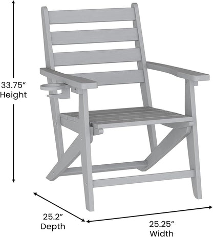 Flash Furniture Tolleson Adirondack Dining Chair with Cup Holder, Commercial Weather Resistant Recycled HDPE Adirondack Chair, Fold Out Cupholder, Gray