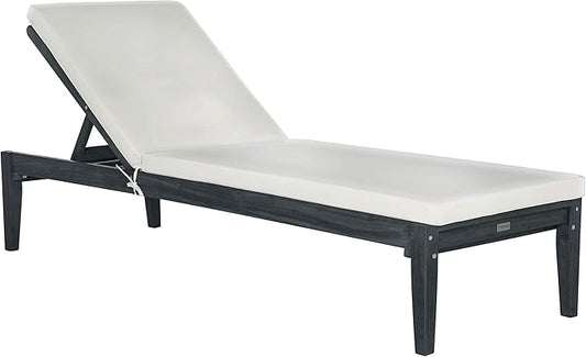 SAFAVIEH Outdoor Collection Azusa Dark Slate Grey Solid Wood/Beige Cushion Adjustable Chaise Lounge Chair (PAT6729K)